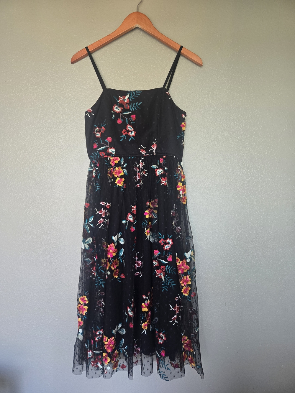 Lulu's Black Floral Midi Dress with Embroidery, Sheer Polka Dot Overlay, Wedding